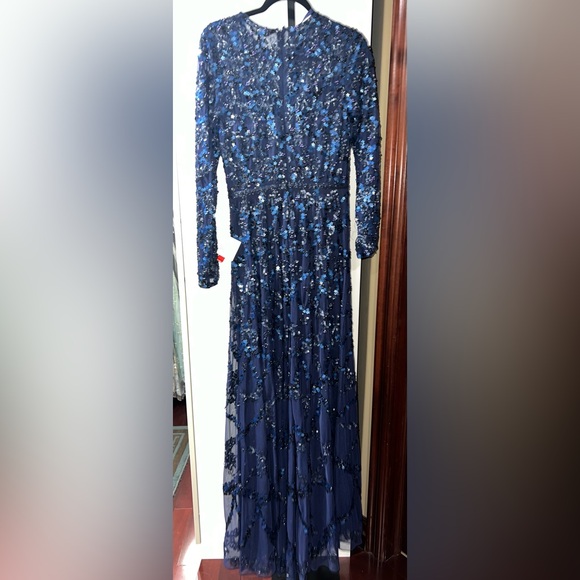 Lattice sequined illusion neckline long sleeve A-line gown - Picture 10 of 10